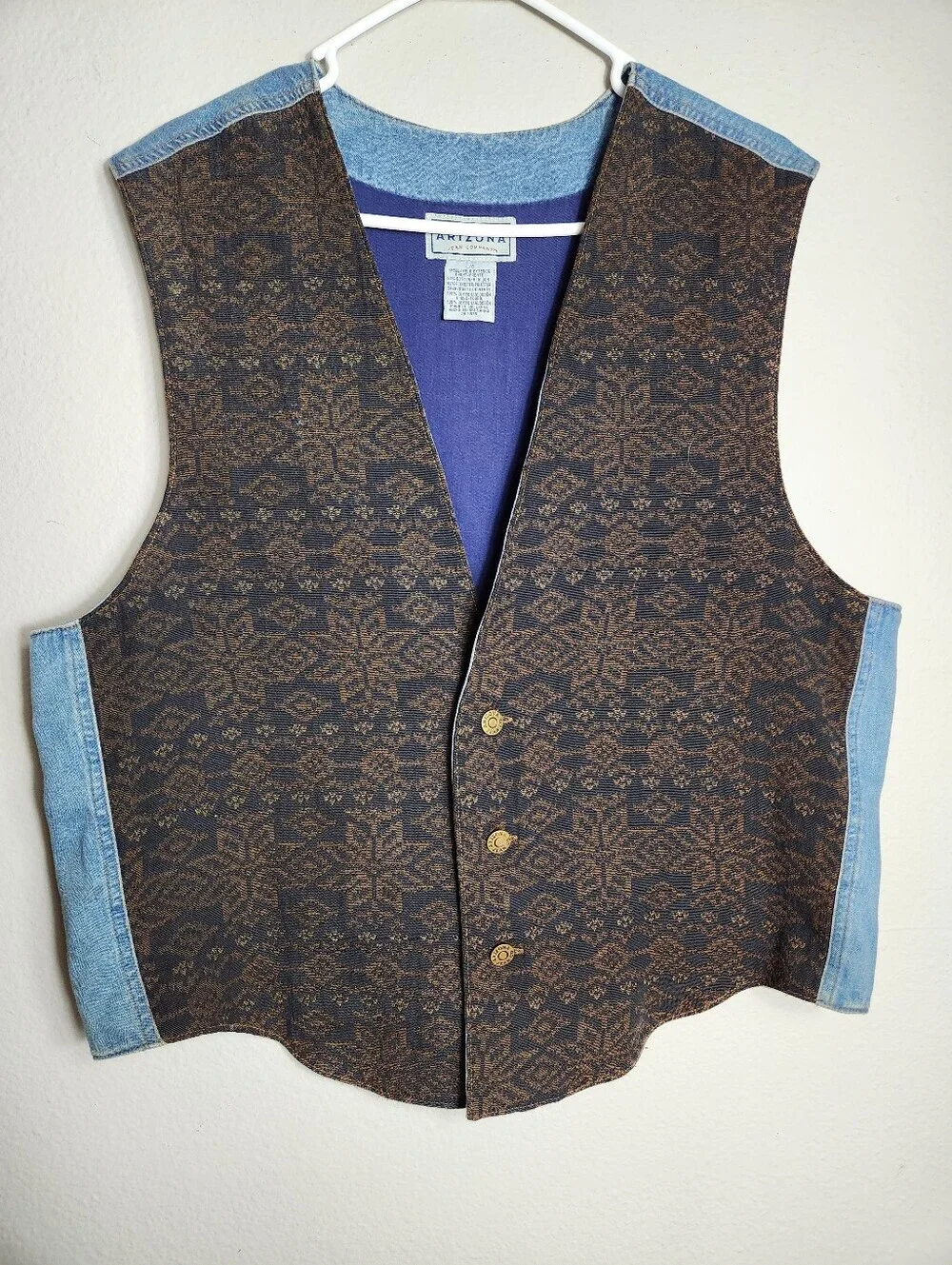 Arizona VTG 90s Mens |L| Southwestern Tapestry Front Denim Buttonfront Vest